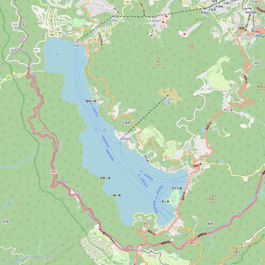 Map of Lake Ashi with Togendai port, Kuzuryu Shrine Hongu, Hakone-en, the Komagatake summit station, Moto-Hakone-ko and Hakone-machi-ko