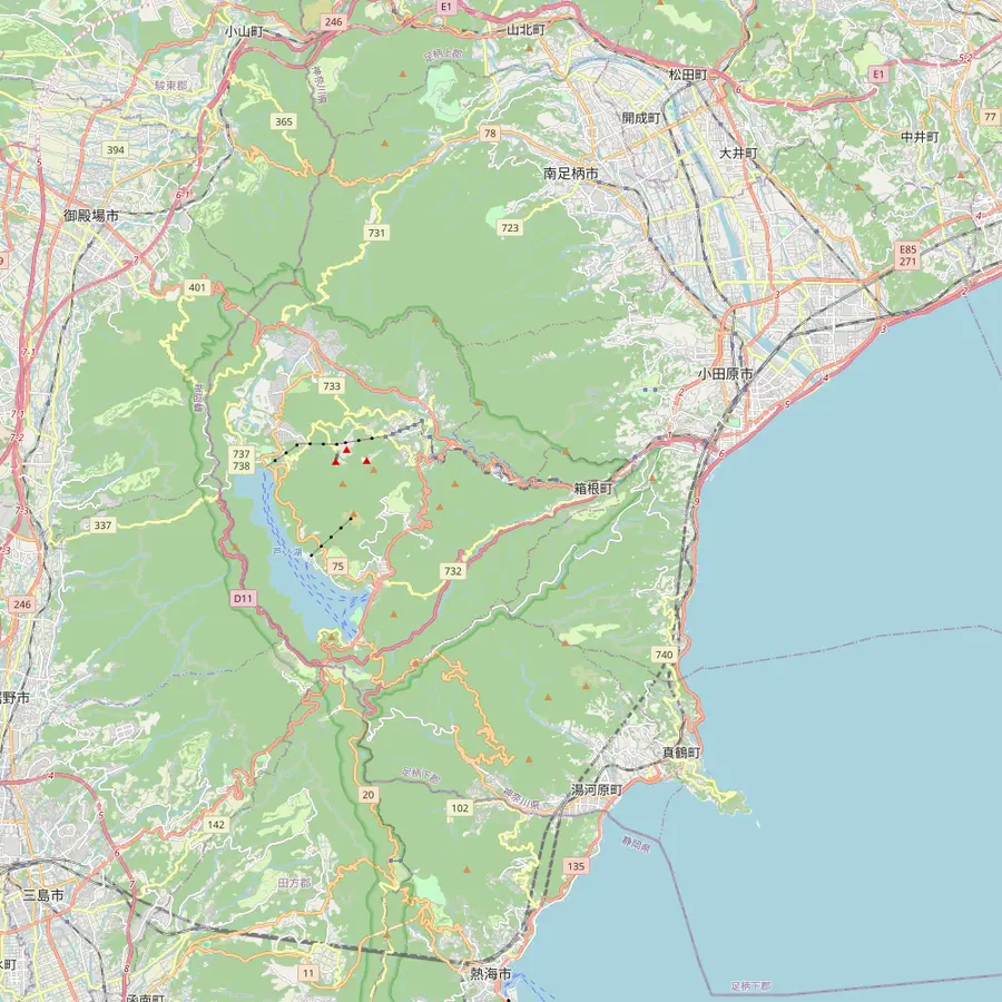 Map of the Hakone loop from Odawara and Hakone-Yumoto by Gora, Sounzan, Owakudani and Ubako to Lake Ashi