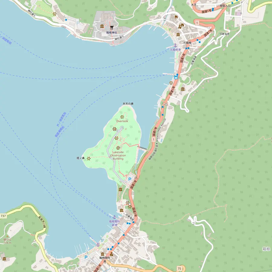 Map of the southern shore of Lake Ashi with Hakone Shrine, the Heiwa no Torii, Onshi Hakone Park and the Hakone Checkpoint